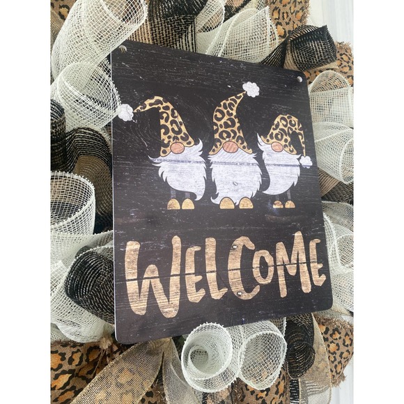 Leopard Welcome Gnome Deco Mesh Ribbon Wreath Front Door Hanger - Picture 4 of 7